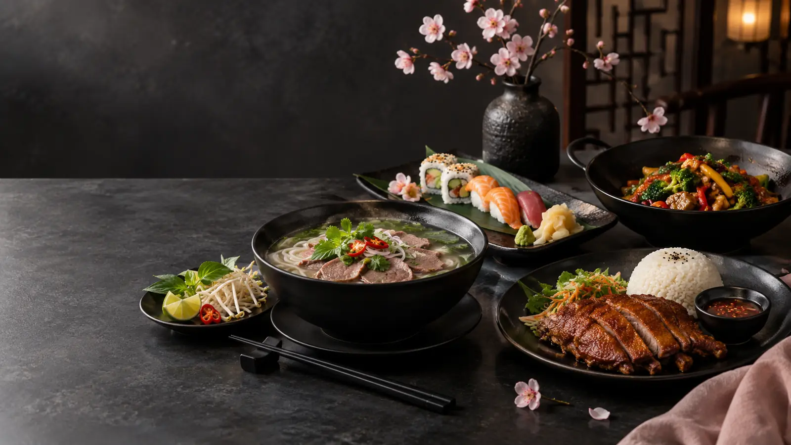 Stôl s phở, sushi, poké a kačicou, v pozadí vetvička broskyňového kvetu