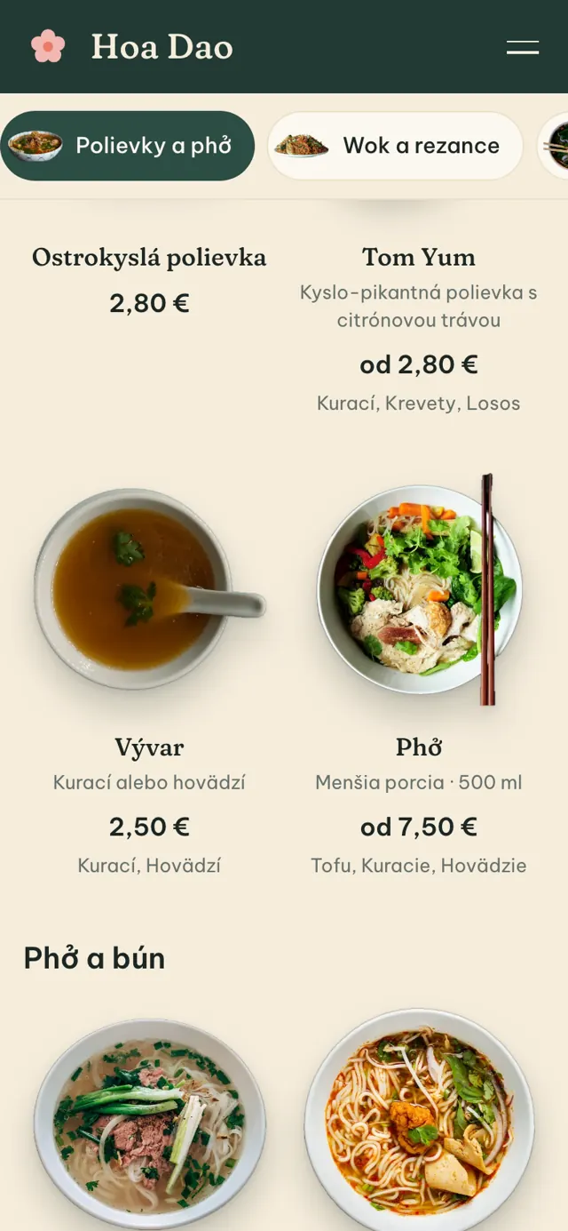 Nový web Hoa Dao na mobile: jedálny lístok vo fotkách