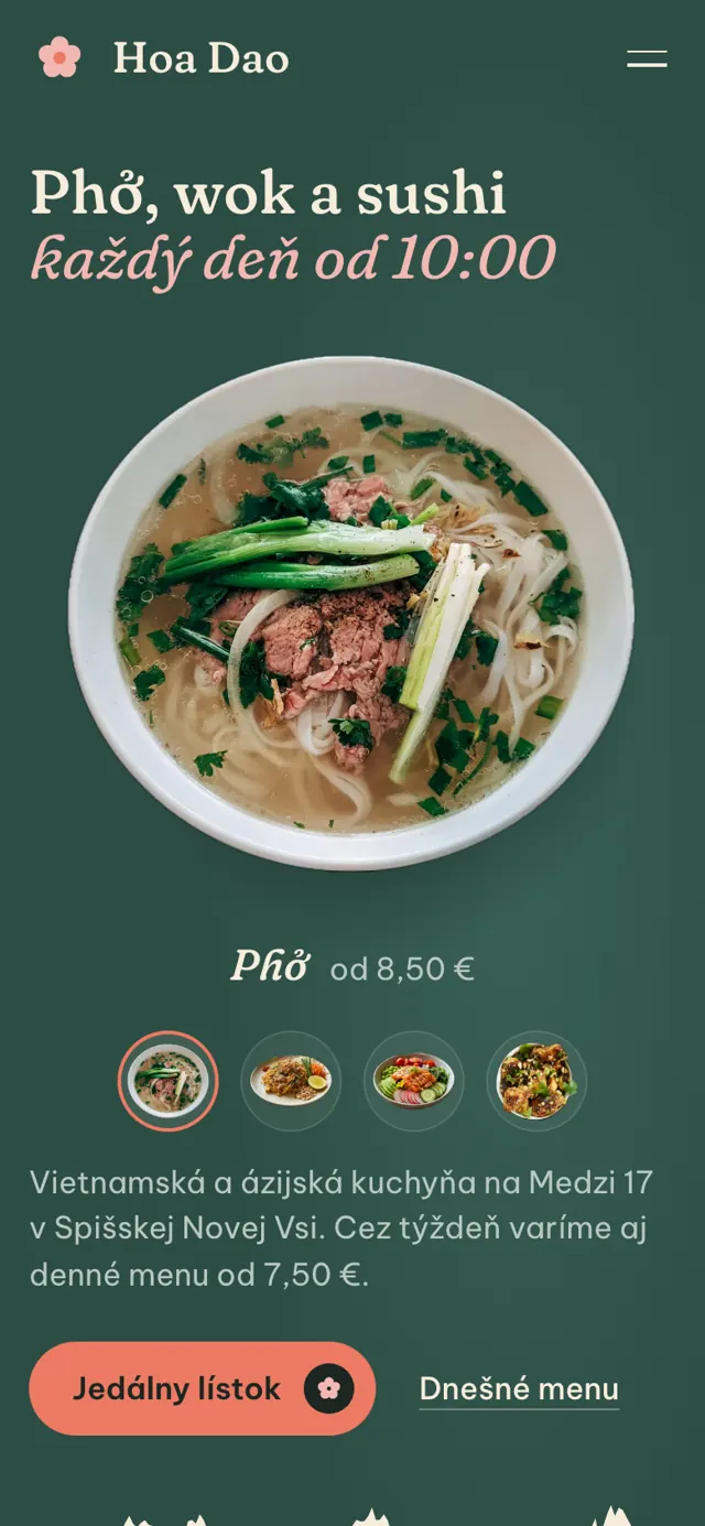 Nový web Hoa Dao na mobile: úvod s miskou phở