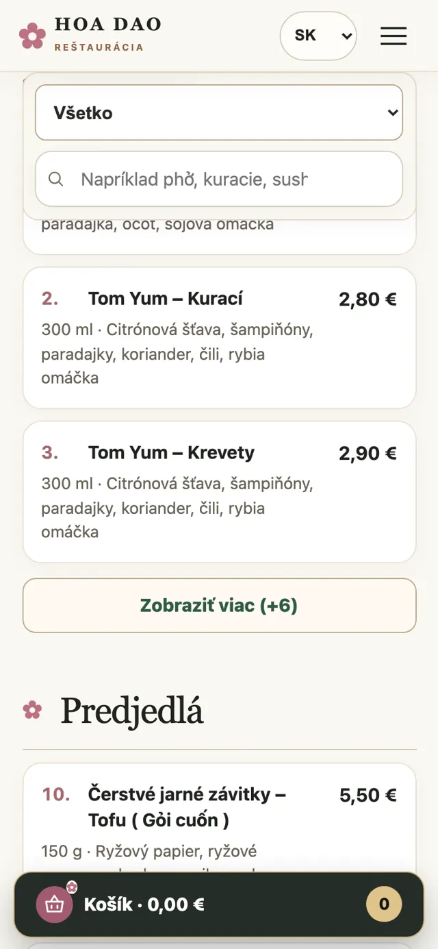 Súčasný web hoadao.sk na mobile: textový jedálny lístok
