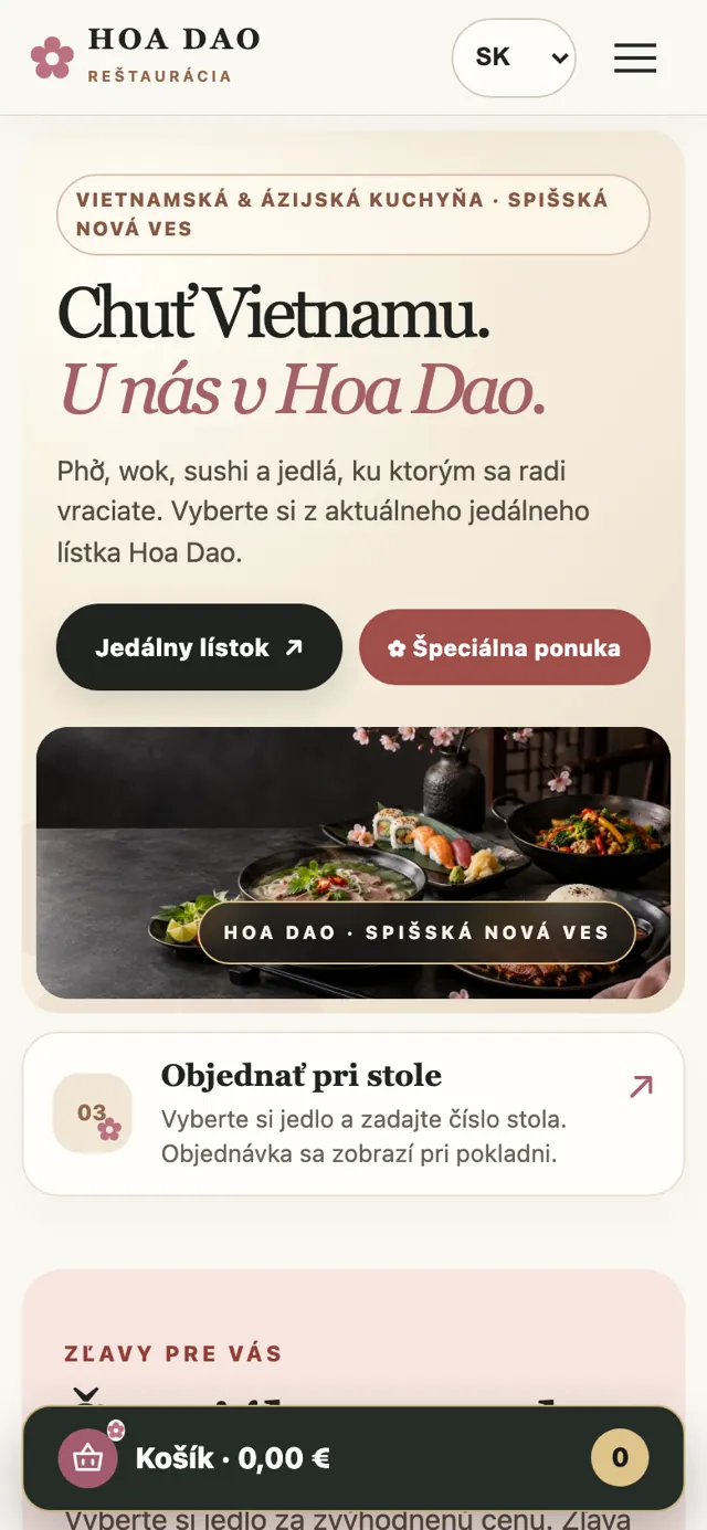 Súčasný web hoadao.sk na mobile: úvod
